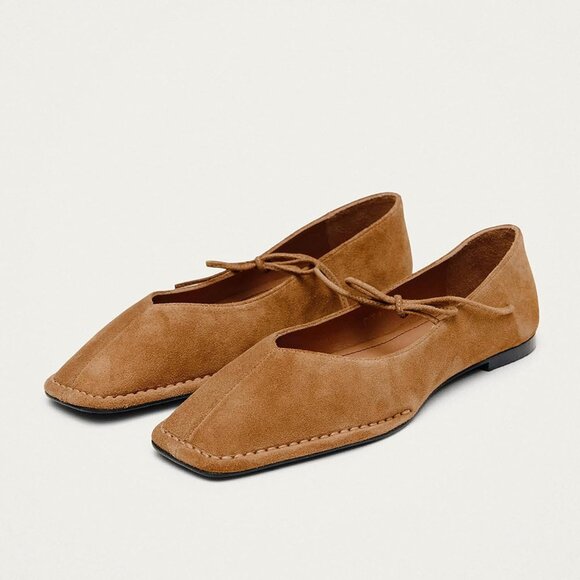 Women Tan Suede Faux Leather Square Toe Lace Up Ballerina Ballet Slip On Flats - Picture 2 of 5